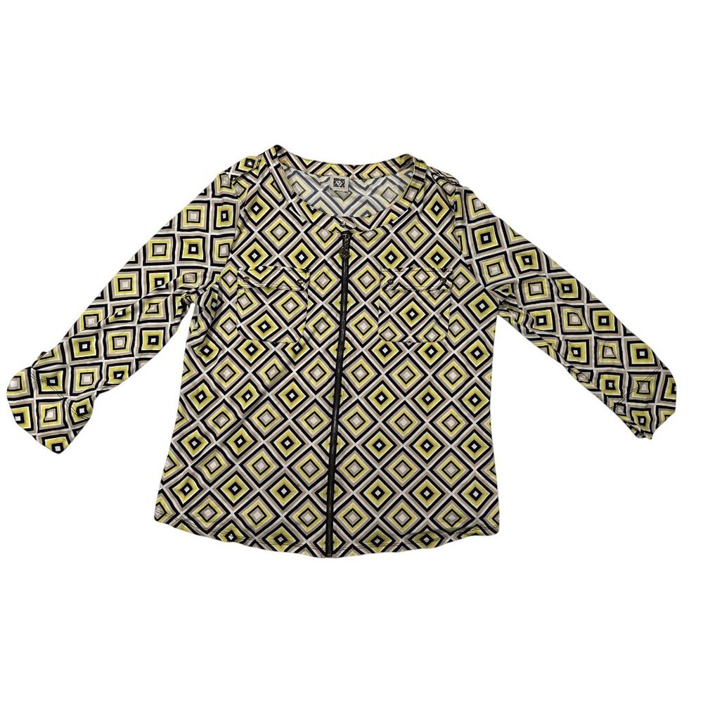 Anne Klein Womens Geometric Blouse Size M Long Sleeves Zipper Front Multicolor